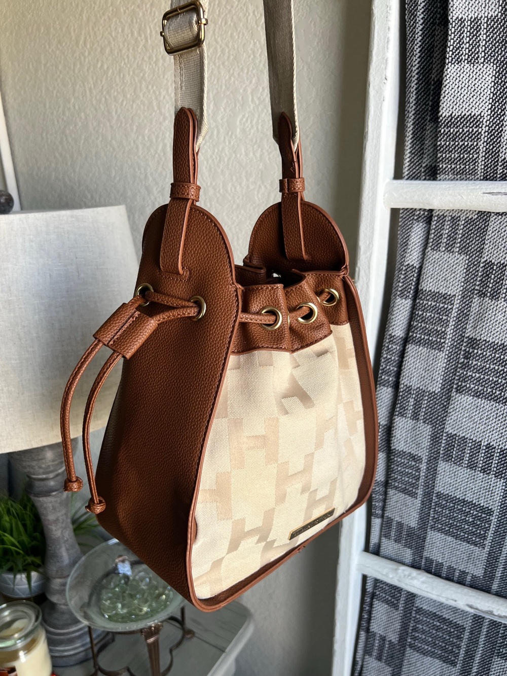 Brown and Cream Bucket Drawstring Bag - Brand New